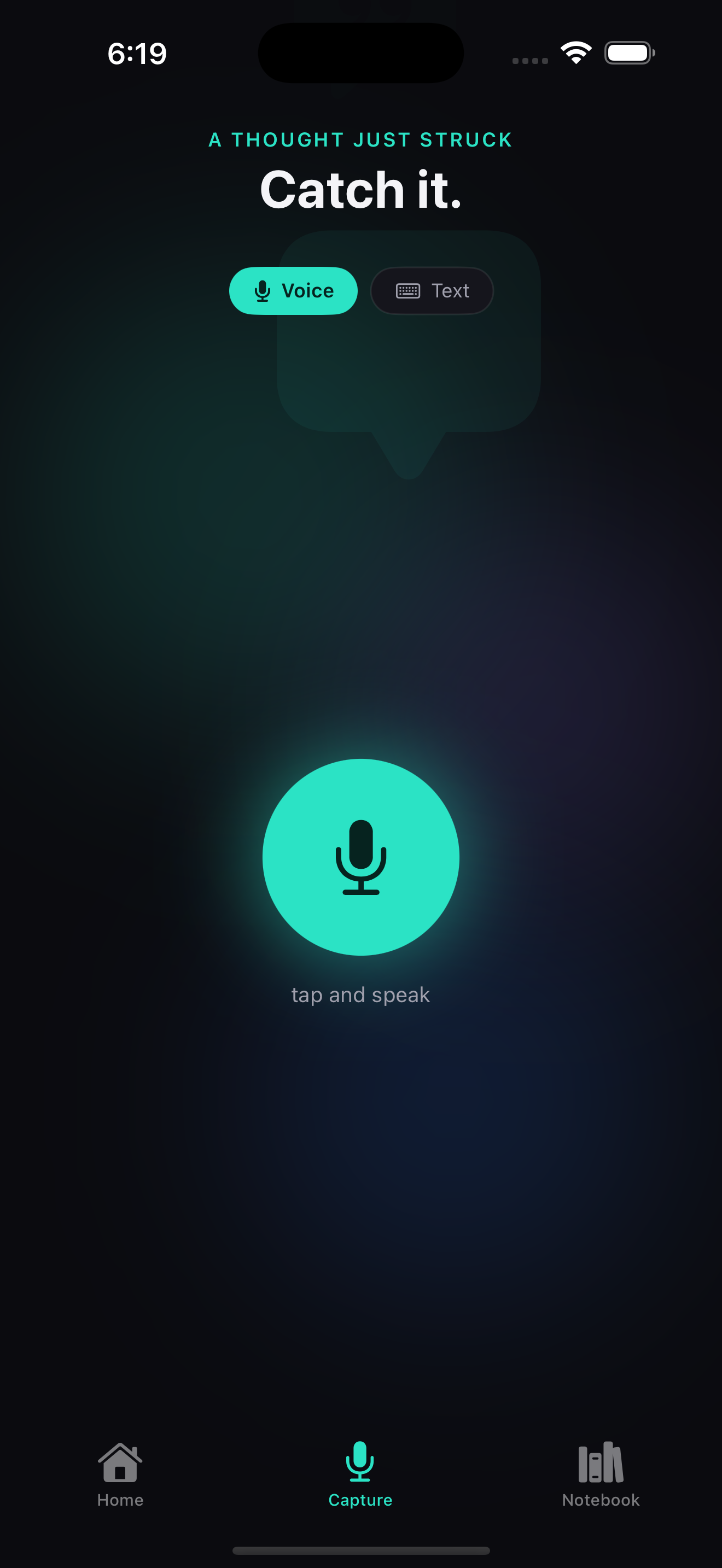 Thought Spark capture screen with a large microphone button and the prompt Catch it