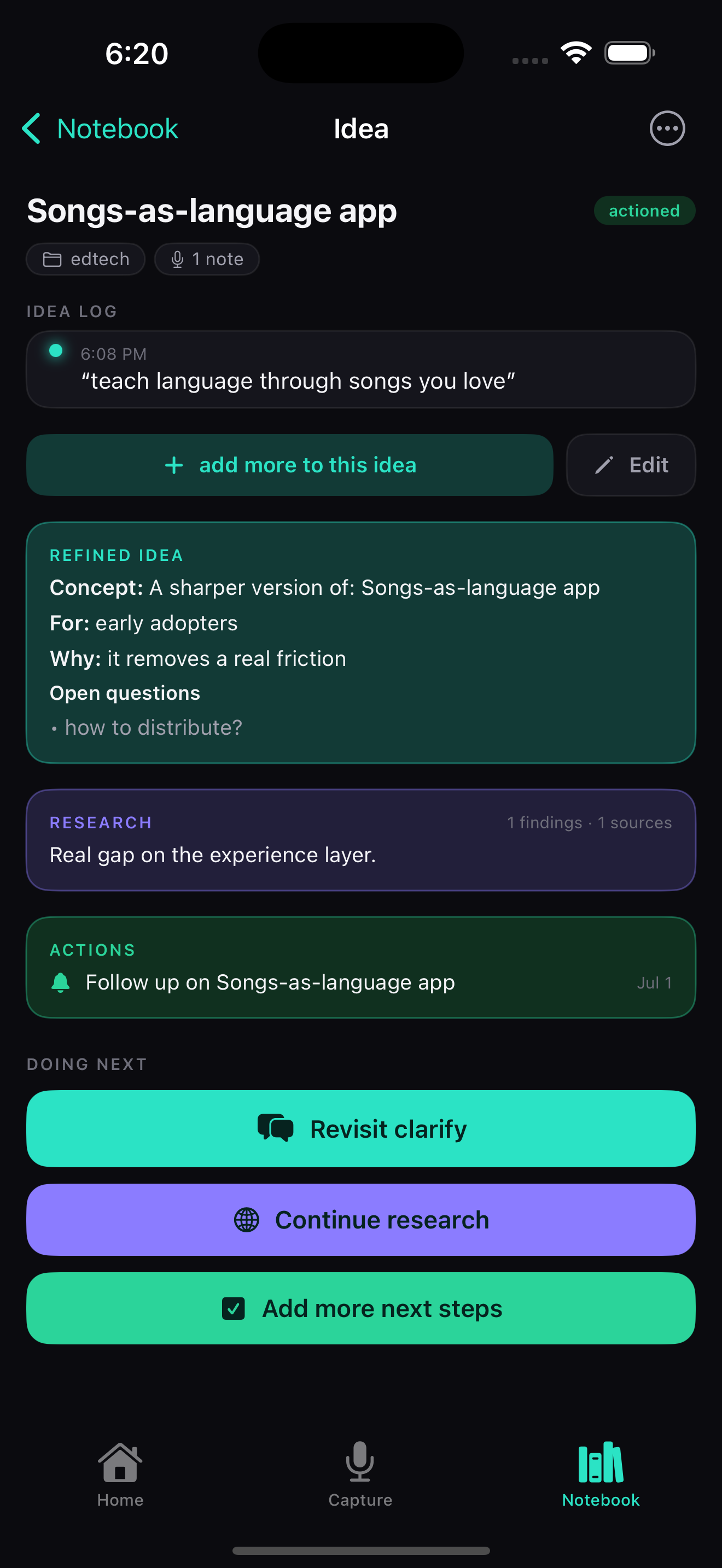 Thought Spark idea detail showing a refined concept with audience, the why, and open questions